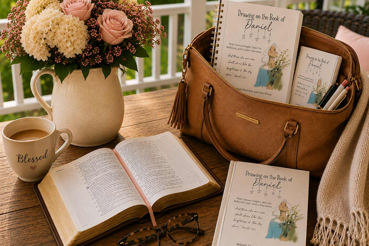 Open Bible with devotional booklets and coffee