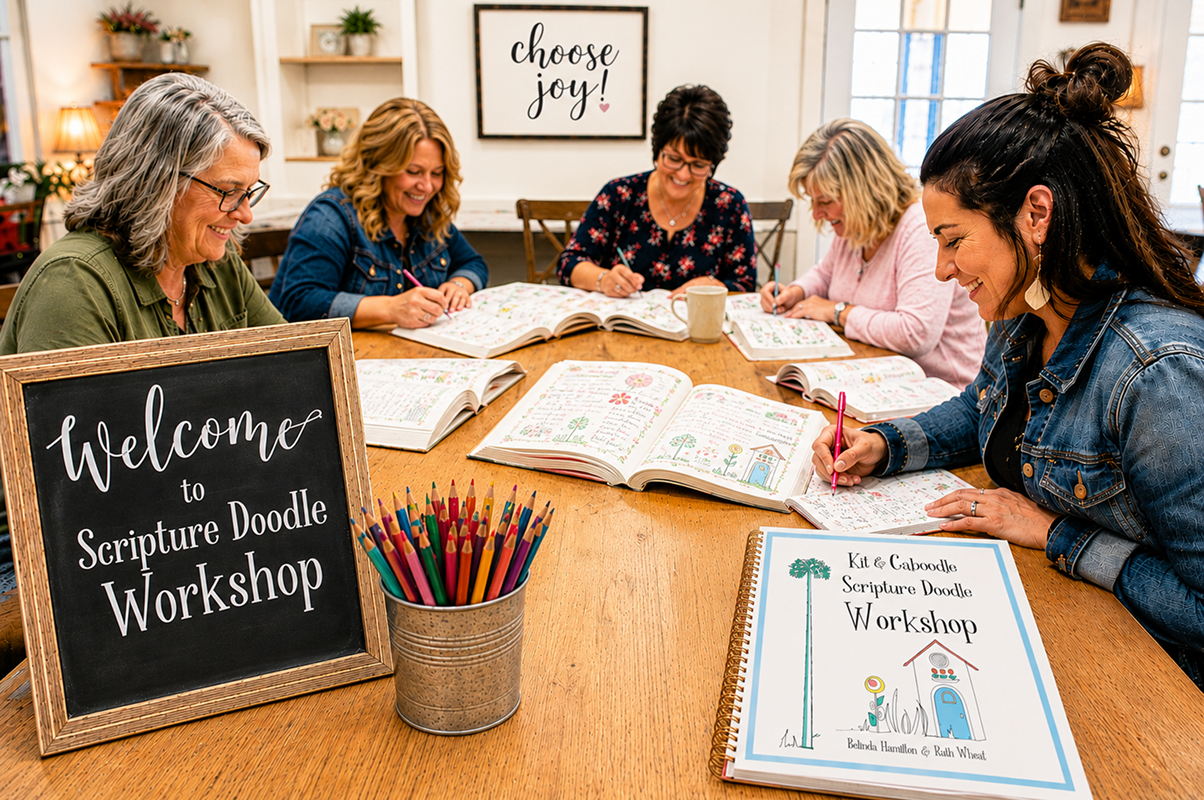 Women at Scripture Doodle workshop coloring together