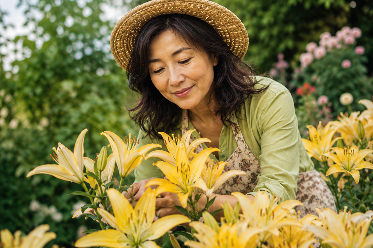 Woman tending yellow lilies in garden