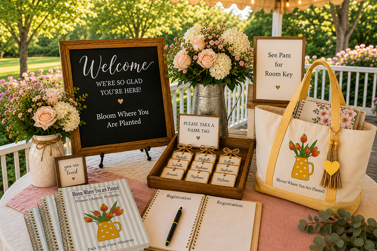 Outdoor welcome table with flowers and name tags