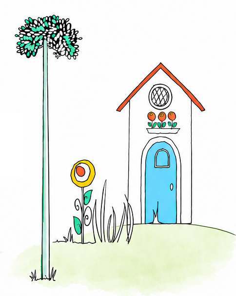 Whimsical house with blue door and flowers