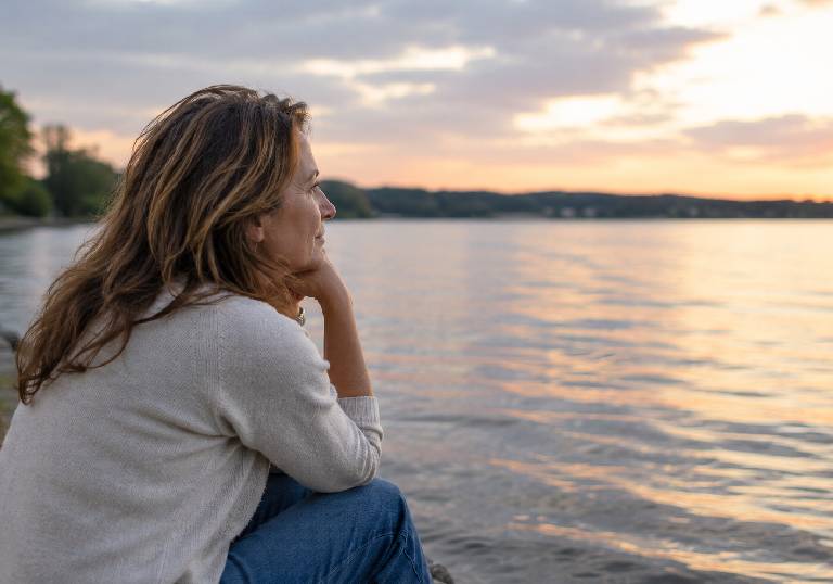 Woman gazing at lake sunset