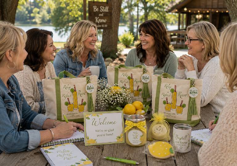 Group of women at lemon-themed outdoor party