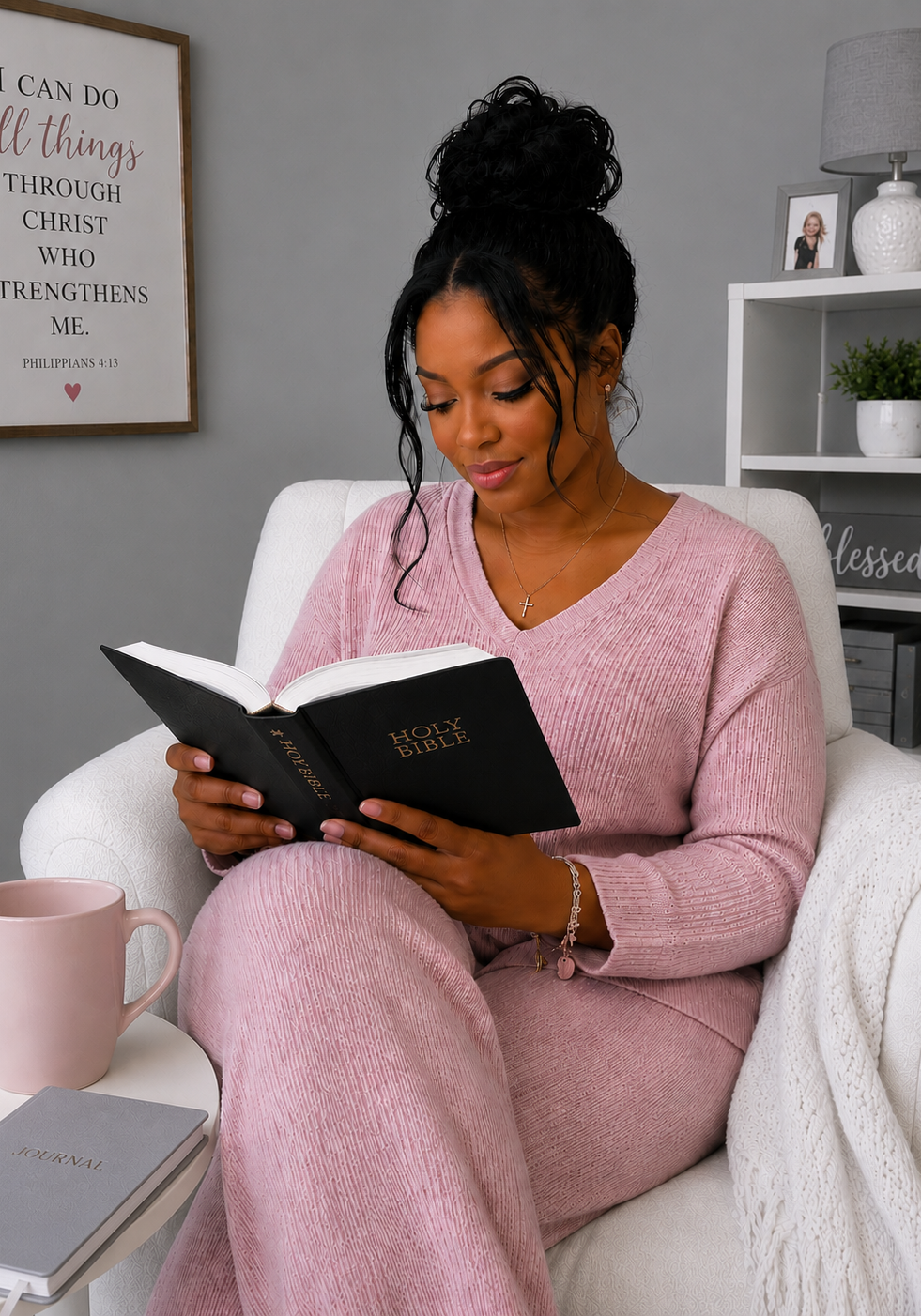 Woman reading Bible on cozy armchair